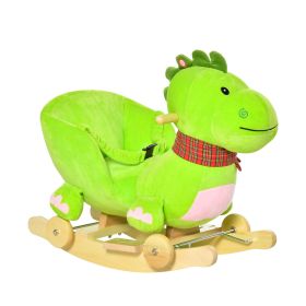 Qaba 2-In-1 Rocking Horse and Stroller, Wooden, Interactive Dinosaur with Nursery Songs, Green & Pink, for Toddlers