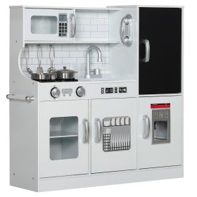 Qaba Pretend Play Kitchen, Kids Kitchen Playset with Play Phone, Chalkboard, Towel Rack & Ice Maker for 3-8 Years White