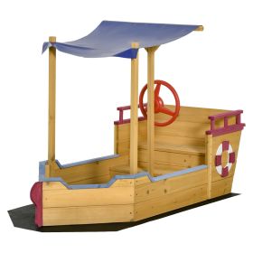 Outsunny Pirate Ship Sandbox for Kids | Wooden Outdoor Sandboat with Storage Bench and Sun Canopy | Orange | Perfect for Ages 3-8