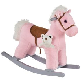 Qaba Pink Plush Rocking Horse with Bear Toy for Toddlers, Soft Animal Rocker with Fun Sounds, Perfect for Girls Nursery, 18-36 Months