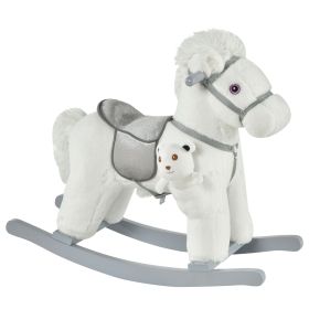 Qaba White Plush Rocking Horse with Bear Toy for Kids, Soft & Fun Sound Rocker, Ideal for Nursery & Playtime
