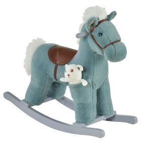 Qaba Blue Plush Rocking Horse with Bear Toy for Toddlers Realistic Sounds Soft & Cozy Rocker Ideal for Boys & Girls Playroom