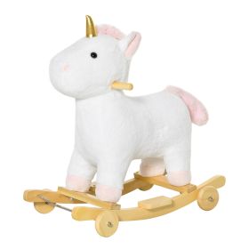 Qaba Kids 2 in 1 Rocking Horse and Glide Unicorn with Sound, Wooden Base, Pedal, Grip Handle, White, for 3-6 Years Old