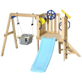 Outsunny 3-in-1 Wooden Swing Set with Slide, Swing Seat, Fort, Wheel, Telescope & Mailbox, for 1.5-4 Years Old, Children's Outdoor Toys