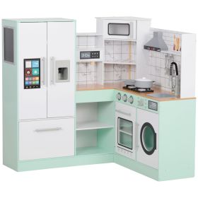 Qaba Kitchen Set of Toy, Corner Kids Kitchen Playset w/ 4Pcs Cookware Accessories, Sound & Lights for Toddlers Ages 3+