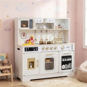 Kids Wooden Play Kitchen with Realistic Lights & Sounds, Pretend Ice Maker & Storage for Toddlers Age 3+ - White (Option: Default Title)