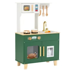 Green Kids Play Kitchen With Realistic Faucet & Ice Dispenser, Anti-Tipping Pretend Cooking Set For Ages 3-6 (Option: defaulttitle)
