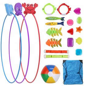 Set Of 24Pcs Diving Toys Swimming Pool Toys Swim Toys For Kids Above Aged 3 Years Old Swim Thru Rings Torpedoes Gems Volleyball Storage Bag (Option: Multicolor)