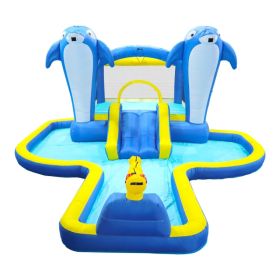 8 In1 Inflatable Slide Water Park Trampoline Bouncing House Outdoor Garden With Dolphin Sprinkler & Target Games & Water Gun & Basketball (Option: defaulttitle)