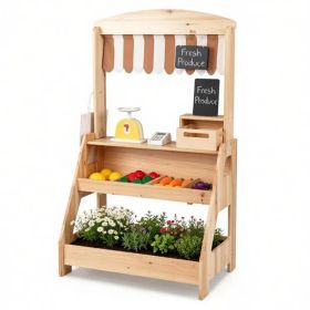 2-in-1 Kids Outdoor Mud Kitchen & Farmers Market Stand, Carbonized Fir Wood Pretend Grocery Store with 25 Pcs Play Food Accessories Double Chalkb (Option: Default Title)