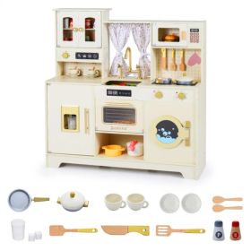 Beige Wooden Kids Play Kitchen with Rotatable Faucet & 14 Accessories,Pretend Cooking Set for Toddlers 3+ (Option: Default Title)