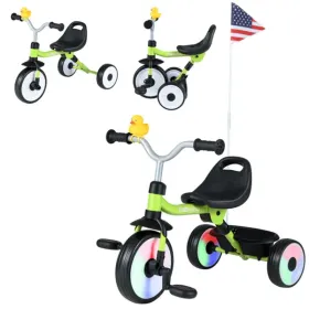 Toddler Tricycle With Rainbow LED Wheels, Foldable 3-in-1 Balance Bike With Carbon Steel Frame, Removable Pedals & Rear Storage Basket - Green (Option: defaulttitle)