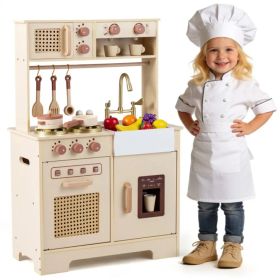 Kids Wooden Play Kitchen with Realistic Lights & Sounds, Pretend Ice Maker & Accessories for Toddlers (Option: Default Title)