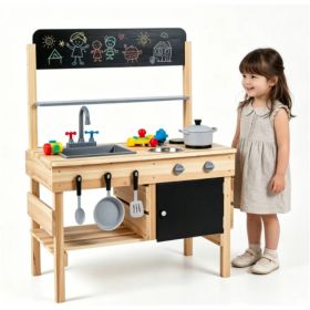 Natural Fir Wood Kids Outdoor Mud Kitchen Playset with Stainless Steel Sink & Stoves, Pretend Play Cooking Toy with Storage Hooks for Toddlers 3+ (Option: Default Title)