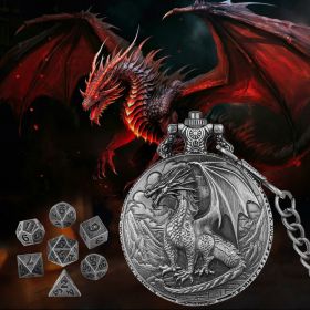 Dice Set With 3D Carved Pocket Watch, Equipped With 7-piece Polyhedral Metal Dice, Role-playing Game Accessories, Men's And Women's Birthday Gift (Option: Dark Silver)