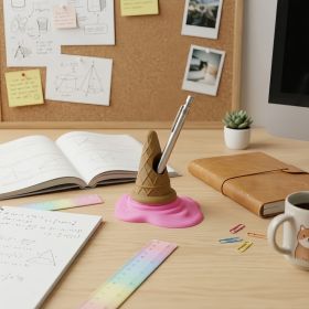 Melting Ice Cream Cone Pen Holder, Creative 3D Printed Desktop Pencil Organizer, Cute Office Desk Decor (Option: Creative-Pink-1pc)