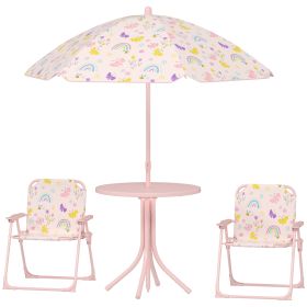 Kids Picnic Table And Chair Set, Outdoor Activity Table With Foldable Chairs, Removable Umbrella For Backyard, Pink (Color: Pink)
