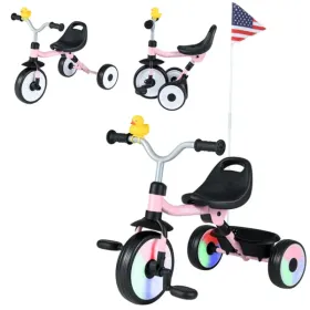 Toddler Tricycle With Rainbow LED Wheels, Foldable 3-in-1 Balance Bike With Carbon Steel Frame, Removable Pedals & Rear Storage Basket - Pink (Option: defaulttitle)