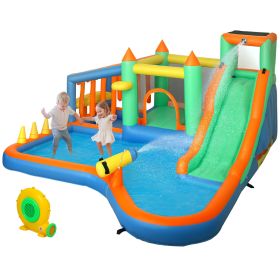 8 in 1 Inflatable Bounce House Water Slide with 550W High Power Blower, for 3-8 Years (Option: Multi Color-410x410x570 mm)