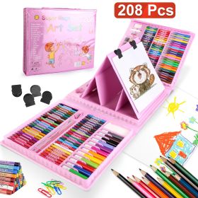 208Pcs Drawing Art Kit Art Supplies For 3 To 12Years Old Girls Boys Art Storage Box With Double Sided Trifold Easel Oil Pastels Crayons Colored P (Color: Pink)