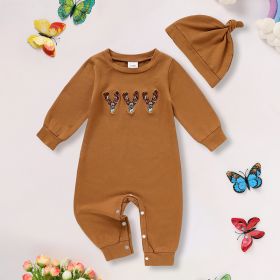 Newborn Baby Boy Outfits Long Sleeve Animal Print Romper & Hat 2Pcs Fall Winter Clothes Set (Option: Brown-9to12Months)