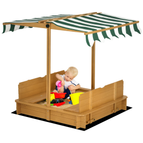 Wooden Kids Sandbox with Cover, Children Outdoor Sand Box with Foldable Bench Seats and Adjustable Canopy (Option: Brown, Green, White-1190x475x110 mm)