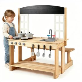 Natural Wooden Kids Mud Kitchen Playset with Bench & Removable Sink, Complete Cookware Accessories Pretend Play Kitchen for Toddlers 3+ (Option: Default Title)