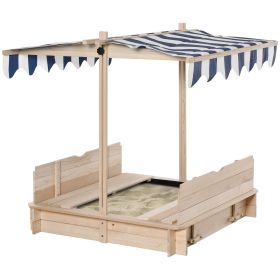 Covered Sandbox, Wooden，with Cover Adjustable Canopy, Detachable Seats and Backrests, Kids Sandbox with Convertible Bench Seat, Bottom Liner, Na (Option: Natural, Blue-1190x475x110 mm)