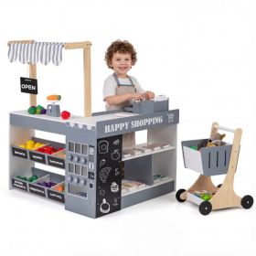 Gray Wooden Kids Supermarket Playset with Vending Machine, 90.17×78.74×104.14cm Grocery Store Toy with Shopping Cart for 3+ (Option: Default Title)