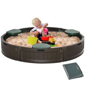 Kids Outdoor Sandbox with Cover Garden Bed Sand Pit, Easy Assembly Children's Round Sandbox for Backyard, Brown, 48.5" x 48.5" x 8.75" (Option: Brown-650x340x230 mm)