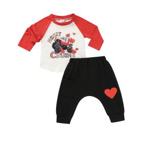 2pcs Baby Boy's 'Heart Crusher' Print Valentine's Day Set, Long Sleeve T Shirt Top & Black Heart Print Pants (Option: Red-2to3 Years)