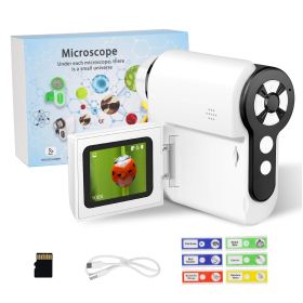 1Pc 3 In 1 Kids Microscope Telescope Camera 1,000X Handheld USB Mini Microscope With LED Light 6 Sample Slides 32G MMC Card For Boys Girls Aged 6 (Color: White)
