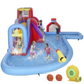 Inflatable Water Slide 6 in 1 with 480W Blower, Bounce House with Climbing Wall, Splashing Pool, Basketball Hoop (Option: 410x410x620 mm-410x410x620 mm)