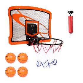 1Set Indoor Mini Basketball Hoop Set Over Door Basketball Hoop With 4 Inflatable Balls Electric Audio Scorer Foldable Basket Gift For Kids And Ad (Color: Orange)