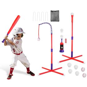 1Set 3 In 1 Baseball Toy Set For 3 To 5Years Old Kids And Toddlers Includes Tee Ball Stand Hanging Tee Automatic Ball Launcher With Adjustable He (Color: Red)