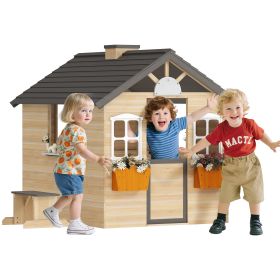 Wooden Playhouse for Kids Outdoor Garden Pretend Play Games, Adventures Cottage, with Working Door, Windows, Bench, Service Station, Flowers Pot (Option: Natural wood finish-1075x530x335 mm)