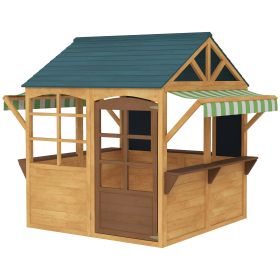 Wooden Outdoor Playhouse, Foldable Kids Cottage With Windows, Working Door, Snack Bars, Waterproof Covers, For 3-8 Years (Option: Wood)