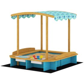 Wooden Sandbox with Dinosaur Print Canopy Kids Sandbox Outdoor with Bench Seats & 2 Storage Bins (Option: Blue-1230x375x205 mm)