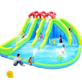 7 in1 Inflatable Water Park Three Slide with Blower Water Gun Sprinkler Fountain Climbing Wall for Children (Option: Default Title)