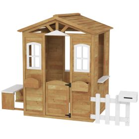 Outdoor Playhouse for Kids Wooden Cottage with Working Doors Windows & Mailbox for Age 3-6 Years, Natural Wood (Option: Natural Wood-1220x655x235 mm)