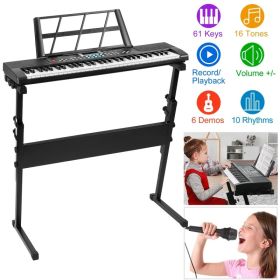 Multifunctional 61 Key Children's Piano Toy - Electronic Keyboard with 16 Tones, 8 Percussions, Volume Control & HD Display, Includes Stand Micro (Option: Black)
