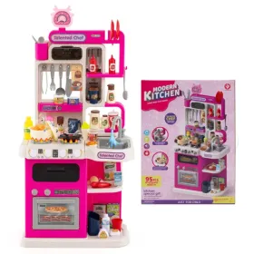 Pink Kids Corner Play Kitchen With Realistic Sounds, Lights & Steam, 95PCS Accessories Pretend Cooking Set For Ages 3+ (Option: defaulttitle)