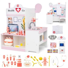 Wooden Kids Doctor Medical Station Playset, 93.98×54.61×99.06cm 27PCS Medical Tools with ECG Monitor for 3-6 Years, Pink+White (Option: Default Title)