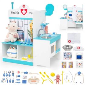Wooden Kids Doctor Medical Station Playset, 93.98×54.61×99.06cm 27PCS Medical Tools with ECG Monitor for 3-6 Years, Blue + White (Option: Default Title)