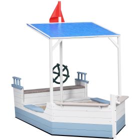 Kids Sandbox with Canopy, Pirate Ship Wooden Sand Boxes with Bench for Backyard, Sand Pit for Toddlers, 83" x 43", Blue (Option: Blue-1500x460x220 mm)