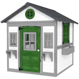 Wooden Playhouse For Kids Outdoor With Doors, Windows, Planter Pots And Boxes For Toddlers 3-8 Years, White (Color: White)