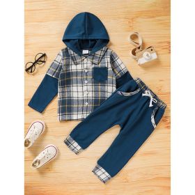 Toddler Baby Boy Clothes Plaid Long Sleeve Hoodie Sweatshirt & Pants 2pcs Boys Outfit Set (Option: Navy blue-4to5Year)