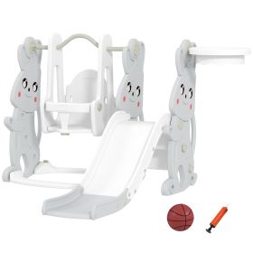 4 In 1 Toddler Slide And Swing Set With Climber, Basketball Hoop, Rabbit Themed Kids Playset For Ages 1.5-4, Gray (Option: Gray)