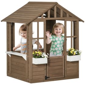 Kids Wooden Playhouse, Outdoor Garden Games Cottage with Flowers Pot Holder, Working Door, Windows, Brown (Option: Brown-1130x760x200 mm)