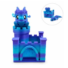 3D Printed Dragon & Castle Set, Articulated Mini Dragon With Castle, Desk Decor, Car Decor, Gift Idea (Option: Blue-Dragon  Castle Set-PLA)